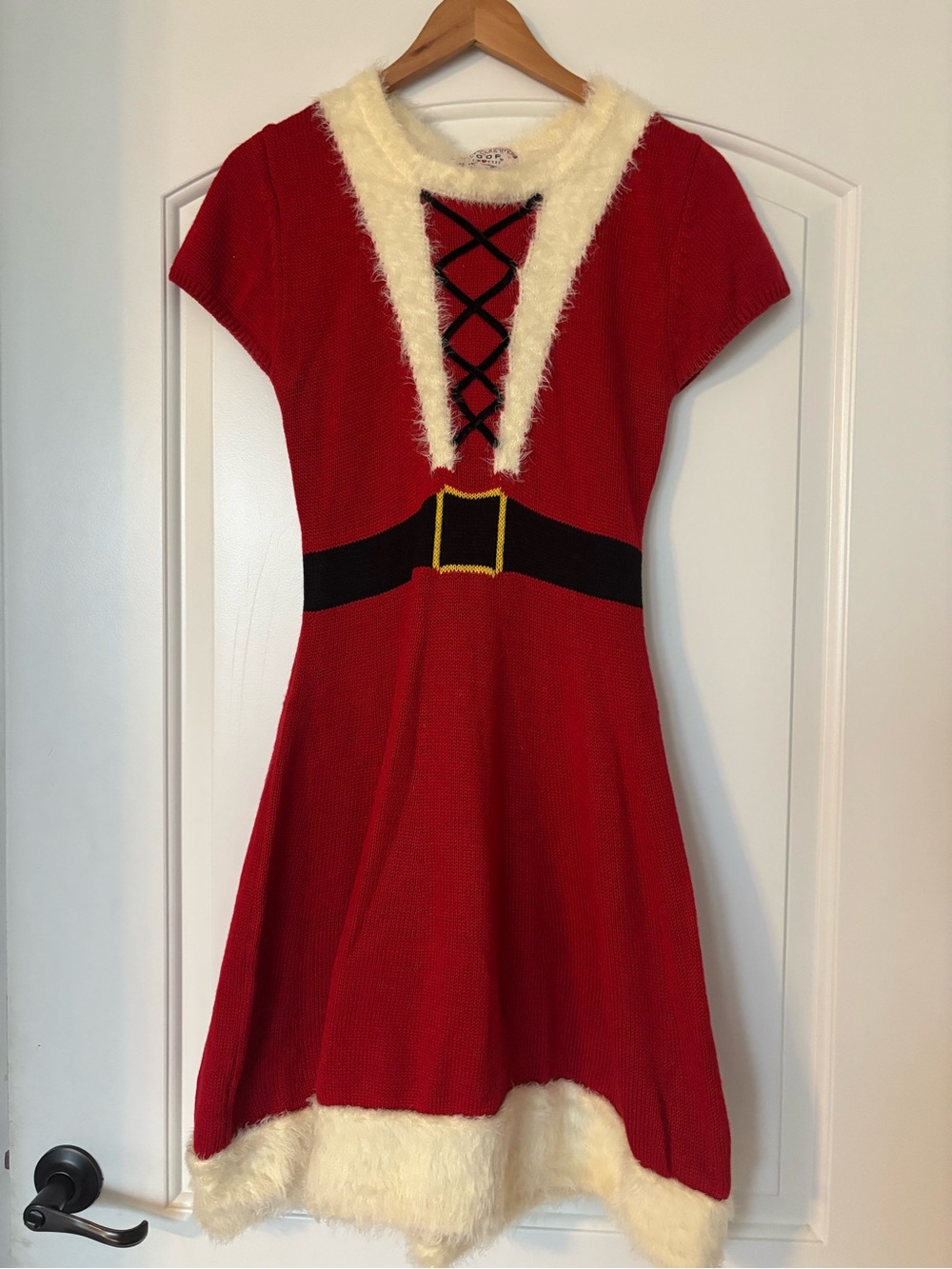 Poof! New York Women's Santa Costume Sweater Dress Red Knit Hooded Size L